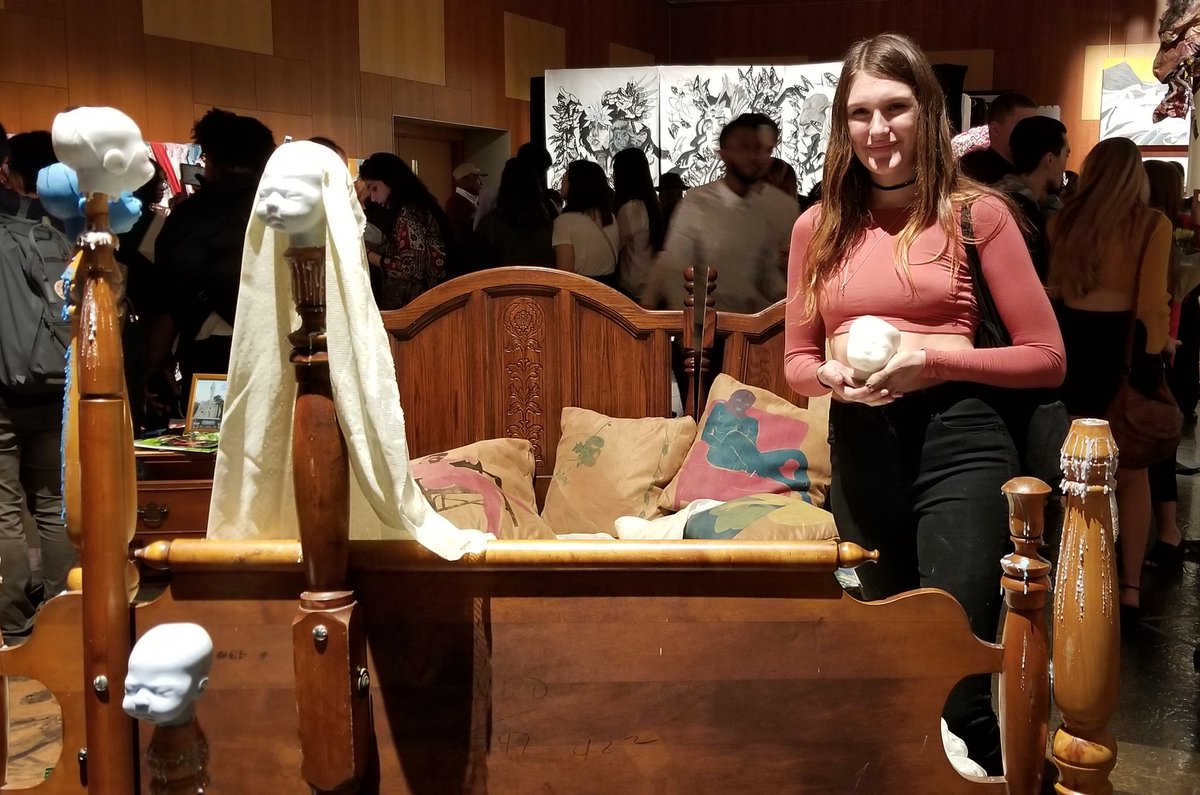 FIT_artdesign's tweet photo. Fine Art senior thesis installation by Alexandra Blazer, about the irreversable effects of time. "I've created an inviting space with a surrealist twist. My mentor was Francisco Poblet, the last living student of #SalvadorDali" #GraduatingExhibit18 https://t.co/u1nFYhpvJE