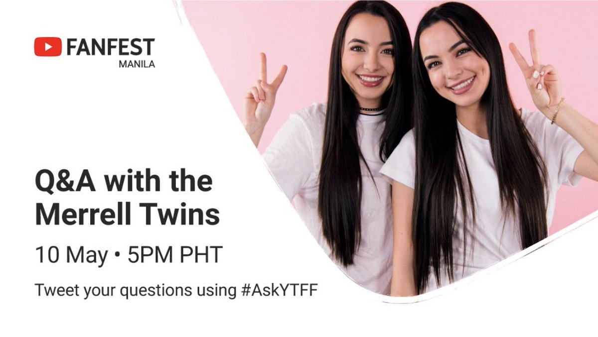 MerrellTwins's tweet image. Hey guys! We're taking over the @YouTubeFanFest account to do an #AskYTFF Q&amp;amp;A on May 10 at 5:00pm Philippines time! Tweet your questions using the hashtag 💖💜
