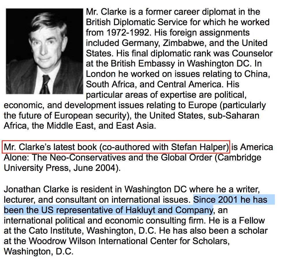 HALPER also has strong links to Hakluyt:1. Co-wrote a book (“America Alone”) with Jonathan Clarke, Hakluyt Director of United States operations2. Used other Hakluyt Directors as book sources (eg SIR ROBIN RENWICK)3. Shared academic panel with DOWNER:  http://talks.cam.ac.uk/talk/index/26739