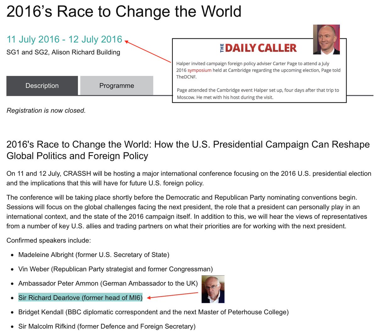 HALPER didn’t stop at PAPADOPOULOS either. He invited  @carterwpage to a seminar in London July '16, which PAGE attended. Who else was there? Oh, only SIR RICHARD DEARLOVE, STEELE's MI6 boss, who vouches for & met to discuss the dossier with in Sep '16. Also nothing to see here