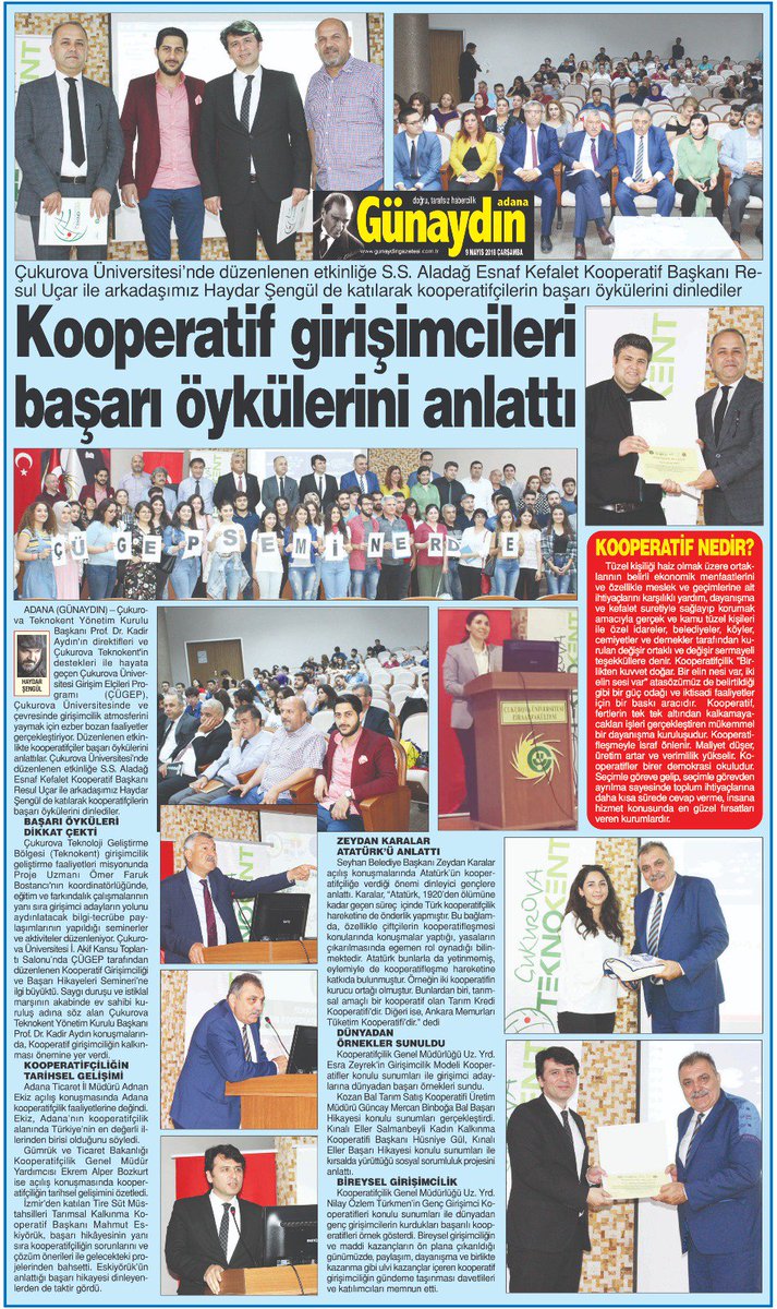 7 mayısta gerçeklesen Kooperatifçilik girişimciliği ve Başarı hikayeleri seminerimize <a href="/gunaydinadana/">Adana Günaydın Gazetesi</a> gazetesi tam sayfa haber olarak yer vermiştir. İlgileri için teşekkür ederiz.