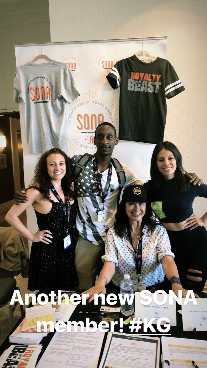 wearesona_'s tweet photo. Having the best time at the @ascapexpo this week! The SONA crew is manning our booth, selling #RoyaltyBeast tees & caps, talking to tons of songwriters about what we do and signed up 50 new members already! (Rookie-wrangling MVP @shellypeiken has hella skillz!)
#gettherateright https://t.co/LAJQa0OCSQ