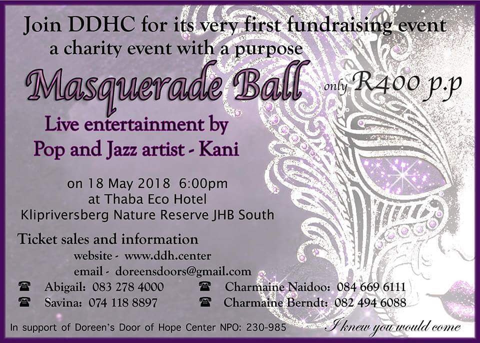 Read more in my blog about why you should consider coming to the ball or getting involved with Doreen's Door of Hope.

amillionbeautifulpieces.co.za/2018/05/08/dor…

#community #MasqueradeBall #Kani
#Cancersurvivor
#YouthUpliftment
#YouthCentre
#DivorceRecovery
#DrugRehabilitation
