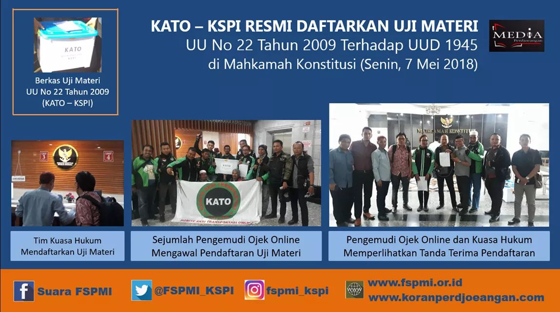 KATO - KSPI resmi mendaftarkan uji materi UU No 22 Tahun 2009 terhadap UUD 1945 di Mahkamah Konstitusi, Senin (7/5/2018).

#banggajadifspmi 
#ujimateri
#bermartabatkarenBerserikat