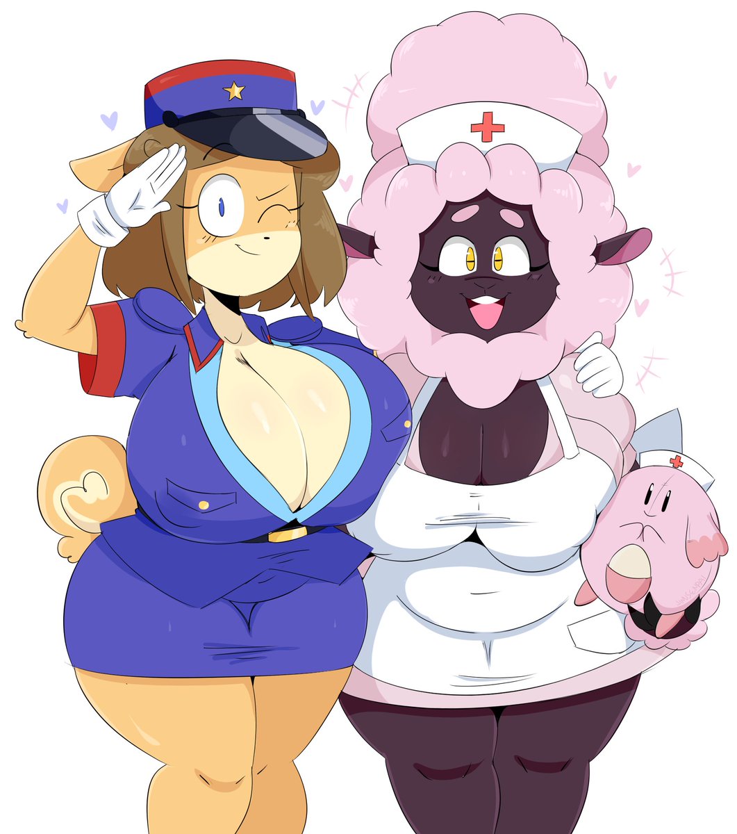 Drew June and. sheep mom cosplaying as Officer Jenny and Nurse Joy ! 