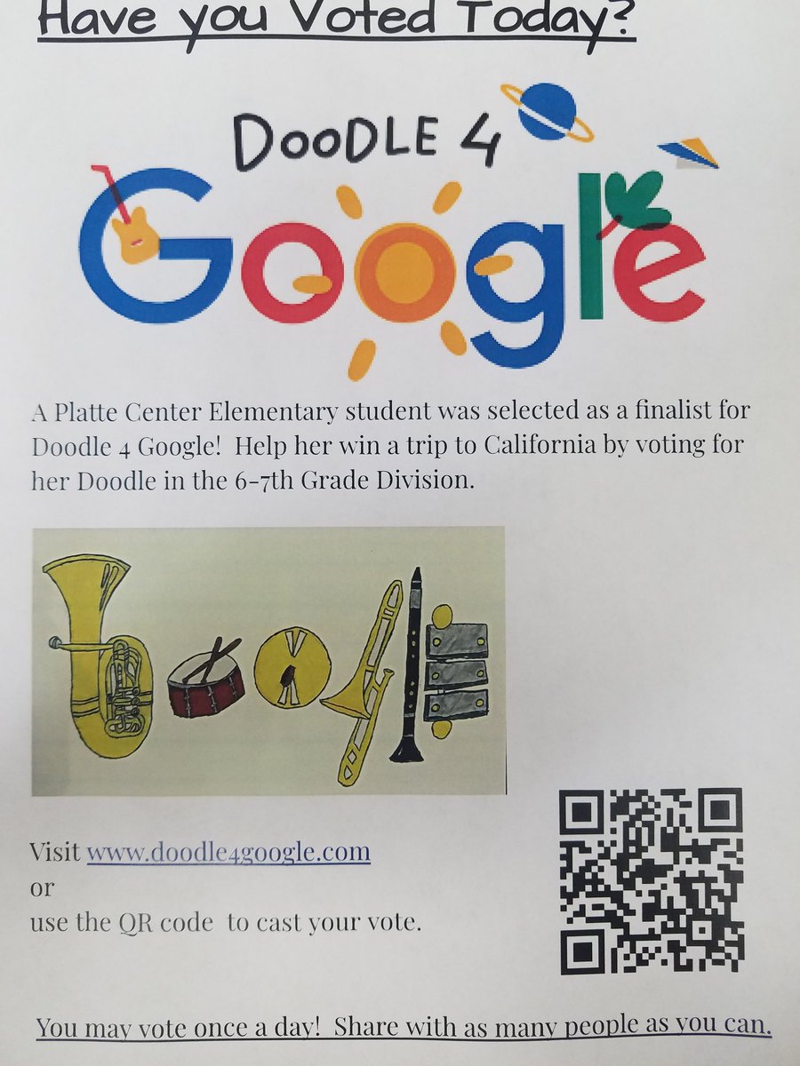 Nebraska and Twitter friends - the #lakeviewvikes need your help!  Please RETWEET and VOTE (daily) for your Nebraska doodle4google.com winner.  We want her to advance to the next round! Let's show the rest of the country our pride in the Nebraska winner!  #nebedchat