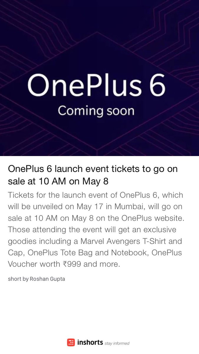 NockBits's tweet photo. #OnePlus6 launch event tickets to go on sale at 10 AM on May 8 
https://t.co/NgIwnefShZ
-via inshorts https://t.co/CxRujfALhc