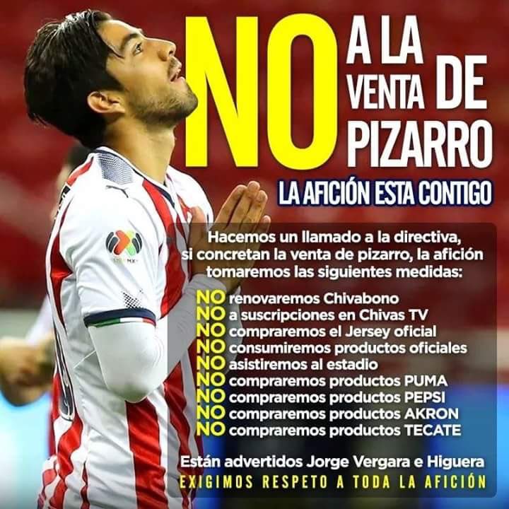 CHIVASELMEJOR11's tweet photo. ¡NO A LA VENTA DE PIZARRO! Exigimos respeto para toda la Nación Chiva.

¡Da RT ChivaHermano! https://t.co/F8lI4Ge4um
