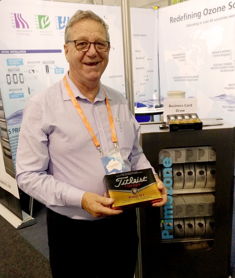 arris_pty_ltd's tweet photo. Congratulations to John Harris from @Wannon_Water on winning our Tuesday door prize at the @Ozwater show. John stopped by the Arris / VEK ozone booth #E47 to collect his dozen Titleist Pro V1s. #ozwater #OzWater18 https://t.co/kVP1lkd7f5