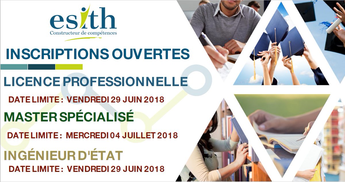 ESITH (@esith_ma) on Twitter photo Effectivement, les Inscriptions sont Ouvertes @ ESITH
Toutes les modalités et conditions d'#admission pour chaque Cycle de formation sont accessibles via >> esith.ac.ma/admissionn.php
Renseignement >> Tél. : 0522 98 50 38 / Mail : admissions@esith.ac.ma Effectivement, les Inscriptions sont Ouvertes @ ESITH
Toutes les modalités et conditions d'#admission pour chaque Cycle de formation sont accessibles via >> esith.ac.ma/admissionn.php
Renseignement >> Tél. : 0522 98 50 38 / Mail : admissions@esith.ac.ma