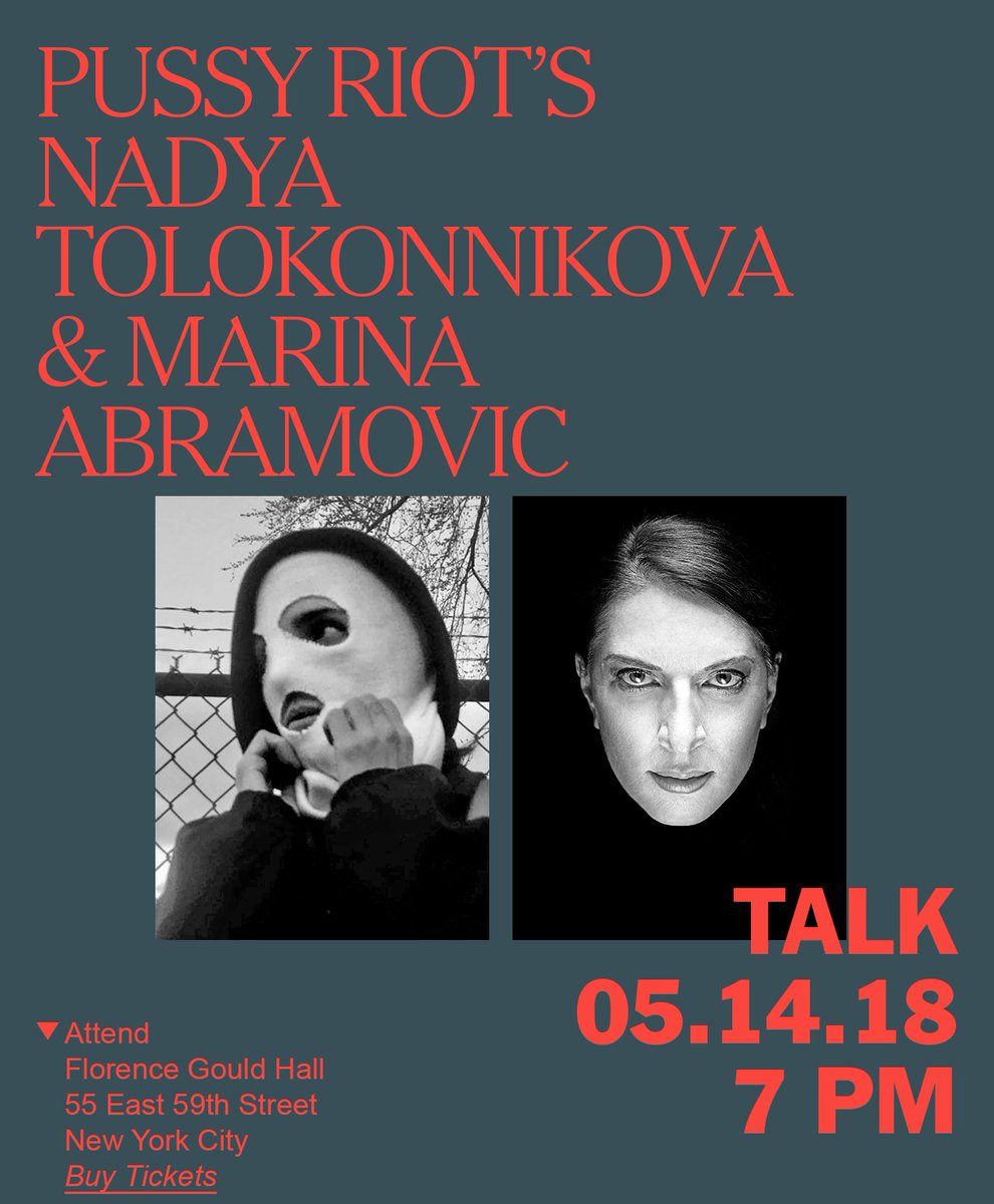 TimesTalks (@timestalks) on Twitter photo "Both @abramovicinst and <a href="/WeArePussyRiot/">We Are Pussy Riot</a> works are expansive and fearless," says <a href="/Dazed/">Dazed</a>. Don't miss their rare public conversation with <a href="/melenar/">melena ryzik</a> of <a href="/nytimes/">The New York Times</a> on May 14. Buy your tickets now: bit.ly/2I0ryUO "Both @abramovicinst and <a href="/WeArePussyRiot/">We Are Pussy Riot</a> works are expansive and fearless," says <a href="/Dazed/">Dazed</a>. Don't miss their rare public conversation with <a href="/melenar/">melena ryzik</a> of <a href="/nytimes/">The New York Times</a> on May 14. Buy your tickets now: bit.ly/2I0ryUO