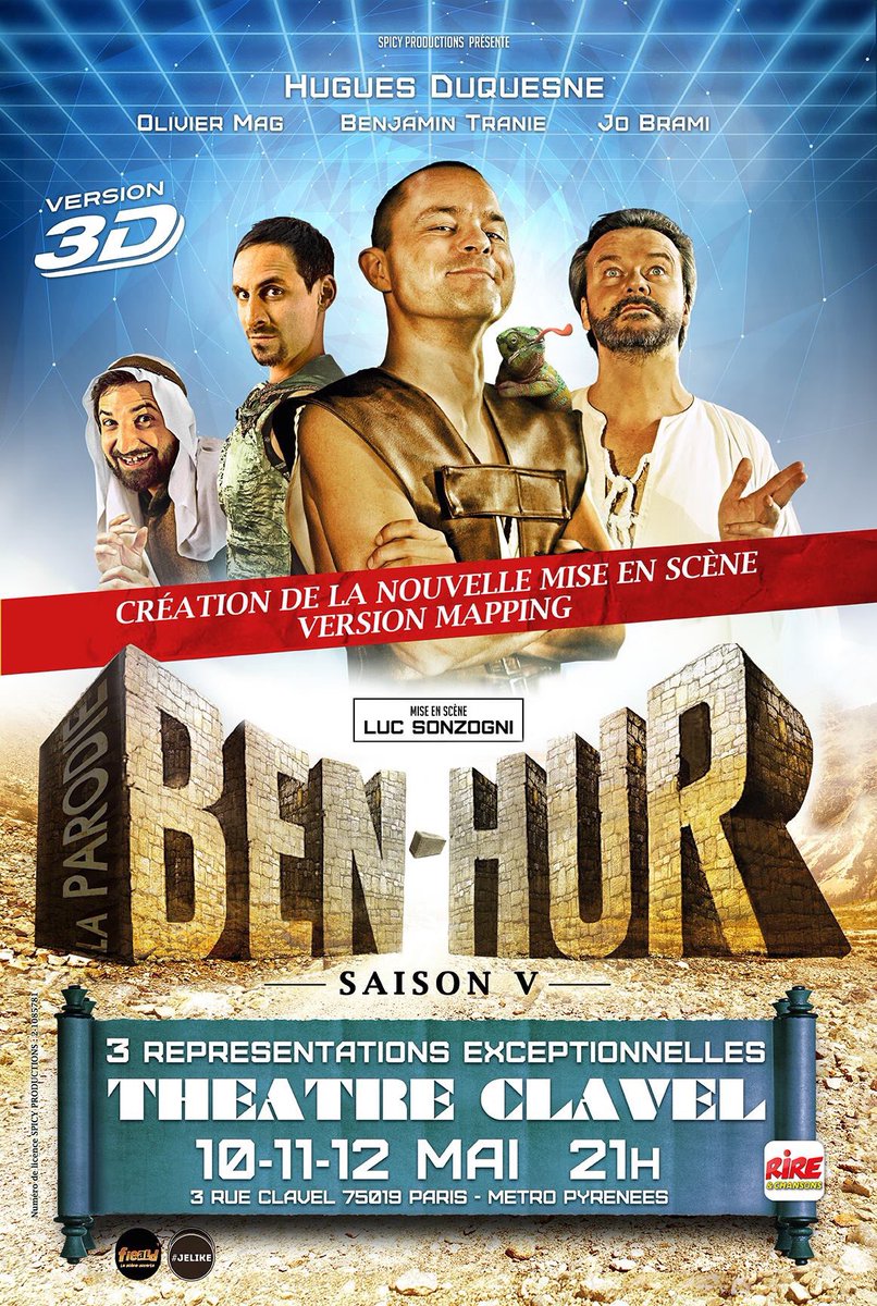 Ça commence demain 10,11,12 mai 21h ! 3 dates exceptionnelles au theatre Clavel pour créer la nouvelle  mise en scène version mapping .
Entrée gratuite / réservation uniquement par mail: lexperiencebenhur@gmail.com <a href="/rirechansons/">Rire et Chansons</a>