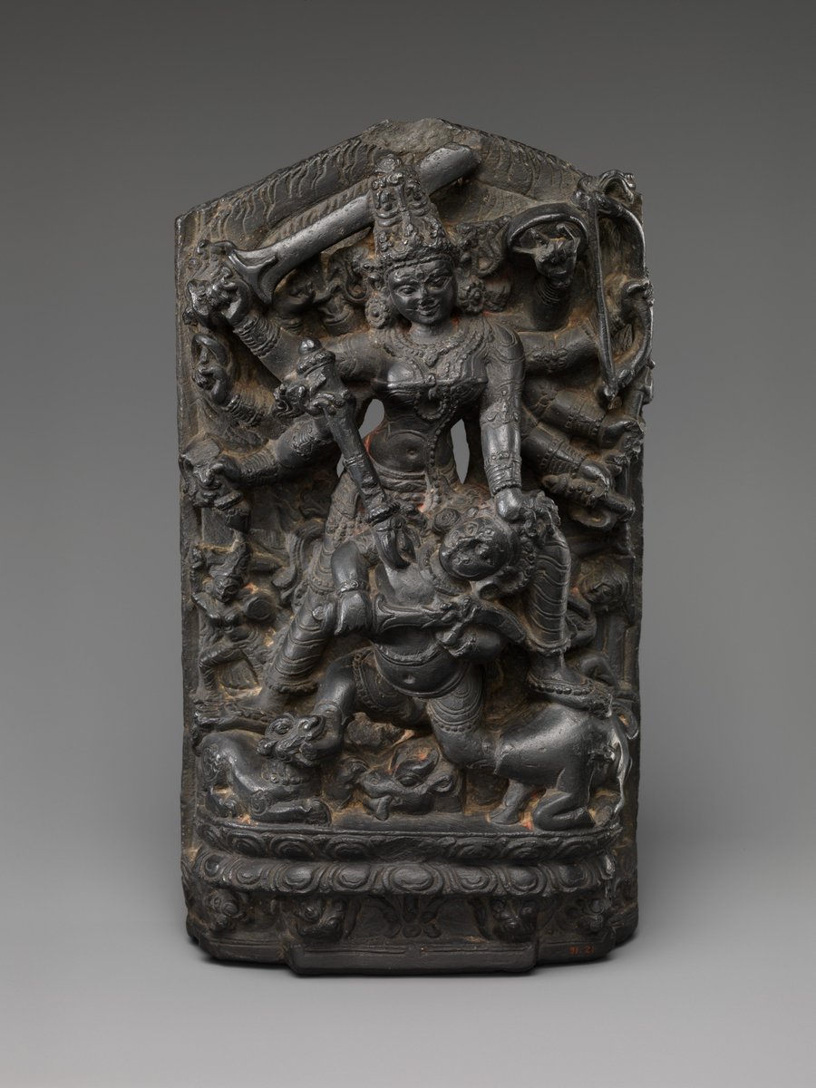 Yet another stunning murthi of Mahishasuramardini belonging to the same Pala period, this time carved out of black schist, stashed away the the met museum in nyc.  https://www.metmuseum.org/art/collection/search/38130