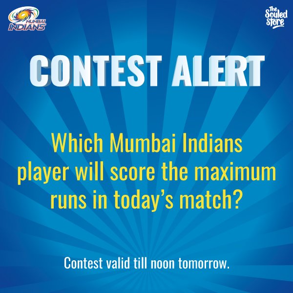 thesouledstore's tweet photo. #ContestAlert
Rules:
1) Use #TSSxMI
2) Tag 2 friends.
3) Winners will receive tickets for the match held on 13th May, at Wankhede Stadium, Mumbai.
4) Winners will bear their own travel and accommodation costs. 
-- 
Get Official @mipaltan Fan Merch here: https://t.co/9SEEaMHCLN https://t.co/gy5xclqKbJ