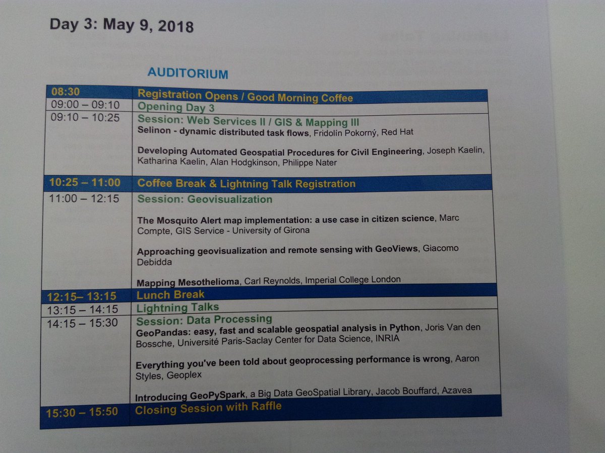 marcompte's tweet image. And this is the last day&apos;s #GeoPythonConf menu! Already started!