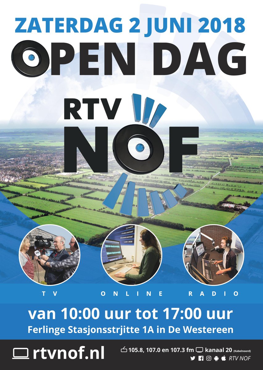 Op zaterdag 2 juni a.s. van 10.00-17.00 is er open dag bij RTV NOF. Belangstellenden en nieuwe vrijwilligers zijn van harte welkom om langs te komen in onze studio in De Westereen. RT = 👍
