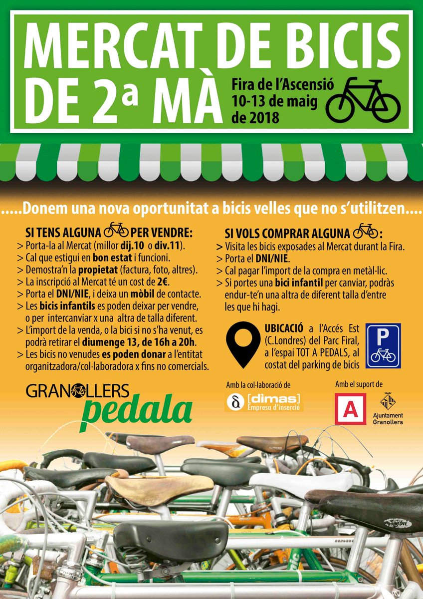 "Donem una nova oportunitat a les bicis que no s'utilitzen"
MERCAT de BICIS de 2a Mà
Estarem a la <a href="/Firaascensio/">Fires i Festes de l'Ascensió</a> a l'entrada del c. Londres, a la zona "tot a pedals" junt amb el pàrquing de bicis. 
Ah, i aprofiteu l'aparcament vigilat per venir a l'Ascensió amb BICI!!!