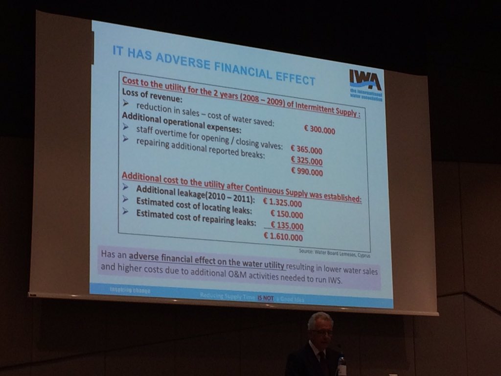 IsidimaSA's tweet photo. @CityofCT commended for avoiding intermittent supply during the #watercrisis. Bambos Charalambous shows Cyprus experienced 25% increased leakage, 200% increased no. mains pipe breaks and a cost of €1.6million when they had to resort to intermittent supply 2009. @WaterLoss2018 https://t.co/0FlEtVgEK8