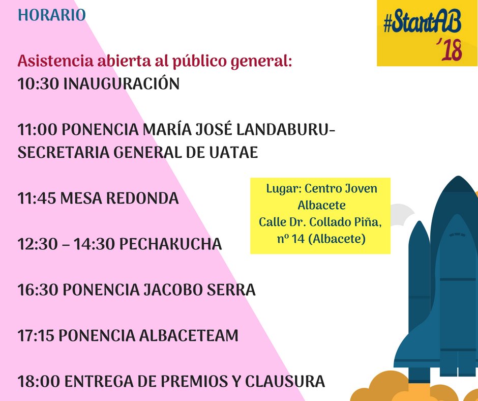 asefeab's tweet photo. Y aquí tenemos el horario del STARTAB´18! Recordad que a partir de las 10.30 las ponencias y el concurso están abiertos al público general de forma gratuita, es decir, no hace falta que presentéis ni que aportéis ningún proyecto. Basta acercaros al evento y disfrutar!! https://t.co/ygNGAXoyfo