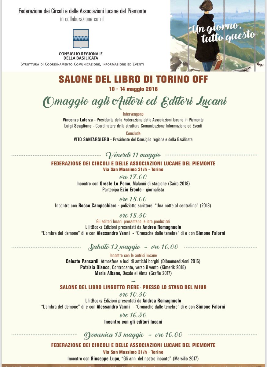CRBasilicata's tweet photo. Autori lucani al @SalonedelLibro
Al Lingotto fiere e nella sede della Federazione lucana in #Piemonte gli incontri promossi dal #crbas @GiuseppeLupo8 https://t.co/7zPZ8QhekF