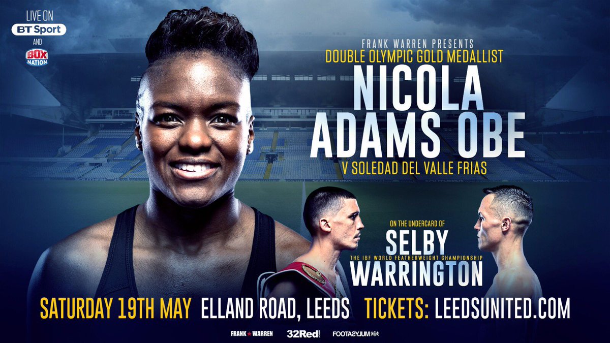 FrankWarren's tweet photo. CONFIRMED:

@NicolaAdamsOBE will face three-time World Title challenger Soledad del Valle Frias on the #SelbyWarrington undercard @LUFC on May 19! #Lioness 🦁 https://t.co/rtELbrXUjQ