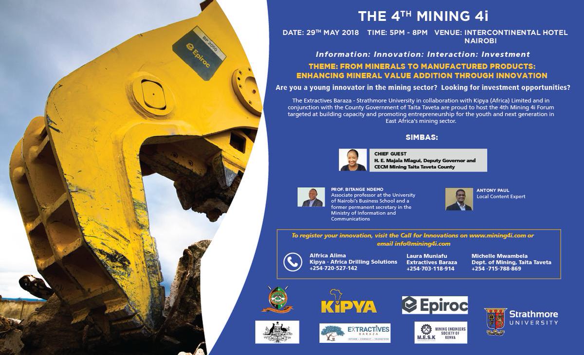 ExtraBaraza's tweet photo. 4th Mining 4i is here with us, just 2 eeks away. Have you submitted your innovations? Want to get your talent out there? Here's your chance. We shall have investors at the dinner, our Simbas @redZola @TaitaTavetaCG @TaitaTavetaUni @bantigito Mr. Antony Paul @Kipya_Africa https://t.co/SCJS3qOycW