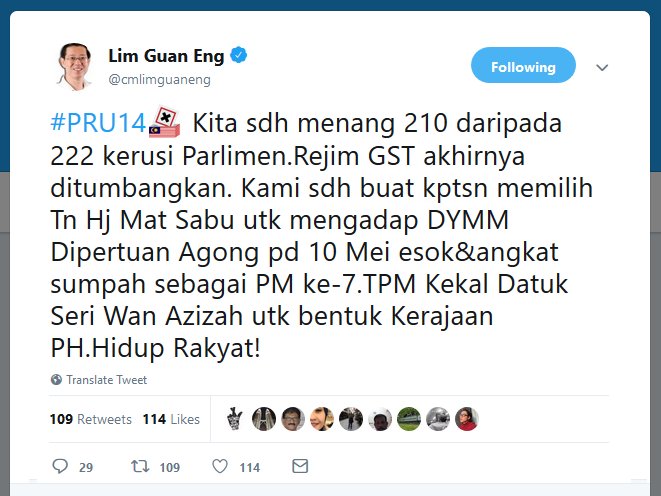 laramuslim's tweet photo. Ketua Menteri Pulau Pinang umum kemenangan #PakatanHarapan dalam #PRU14 .. Apa komen korang? Harap beliau tak delete twt tu. https://t.co/uGJfu59OsZ