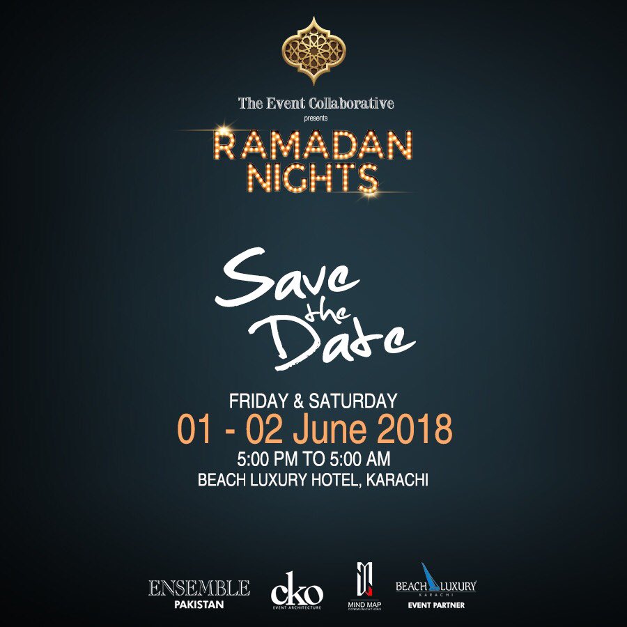 itstheazeez's tweet photo. “Ramadan Nights” - the #FamilyFestival of the year happening on the 1st and 2nd of June 2018 at #BeachLuxury, #Karachi! 🌙
Enjoy your favorite restaurants, fashion and whole lotta fun, brought to you by #TheEventCollaborative.
Powered by #Ensemble, #CKOevents and #MindmapComms. https://t.co/goBtPBpLVh