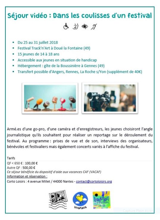 LesUtopiafs's tweet photo. Il reste des places pour le séjour vidéo ados "Dans les coulisses d'un festival" que nous organisons avec CORTO Loisirs, autour du festival Track'N'Art.
Le séjour est accessible aux jeunes en situation de handicap ! 
N'hésitez plus, ça va être top ! https://t.co/Ig0Nd5VkG2