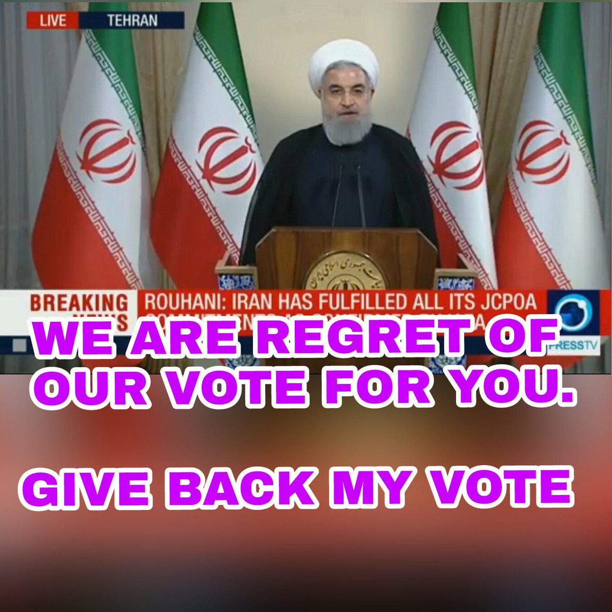 official_miva's tweet photo. WE ARE #REGRET OF OUR #VOTE

#GIVE_BACK MY VOTE

#HassanRouhani #RESIGN
من از #رای #خودم به #روحانی #پشیمان شدم
#لطفا_رای_من_را_پس_بدین
#روحانی_استعفا
#روحانی_خائن https://t.co/axzXbKJBLp