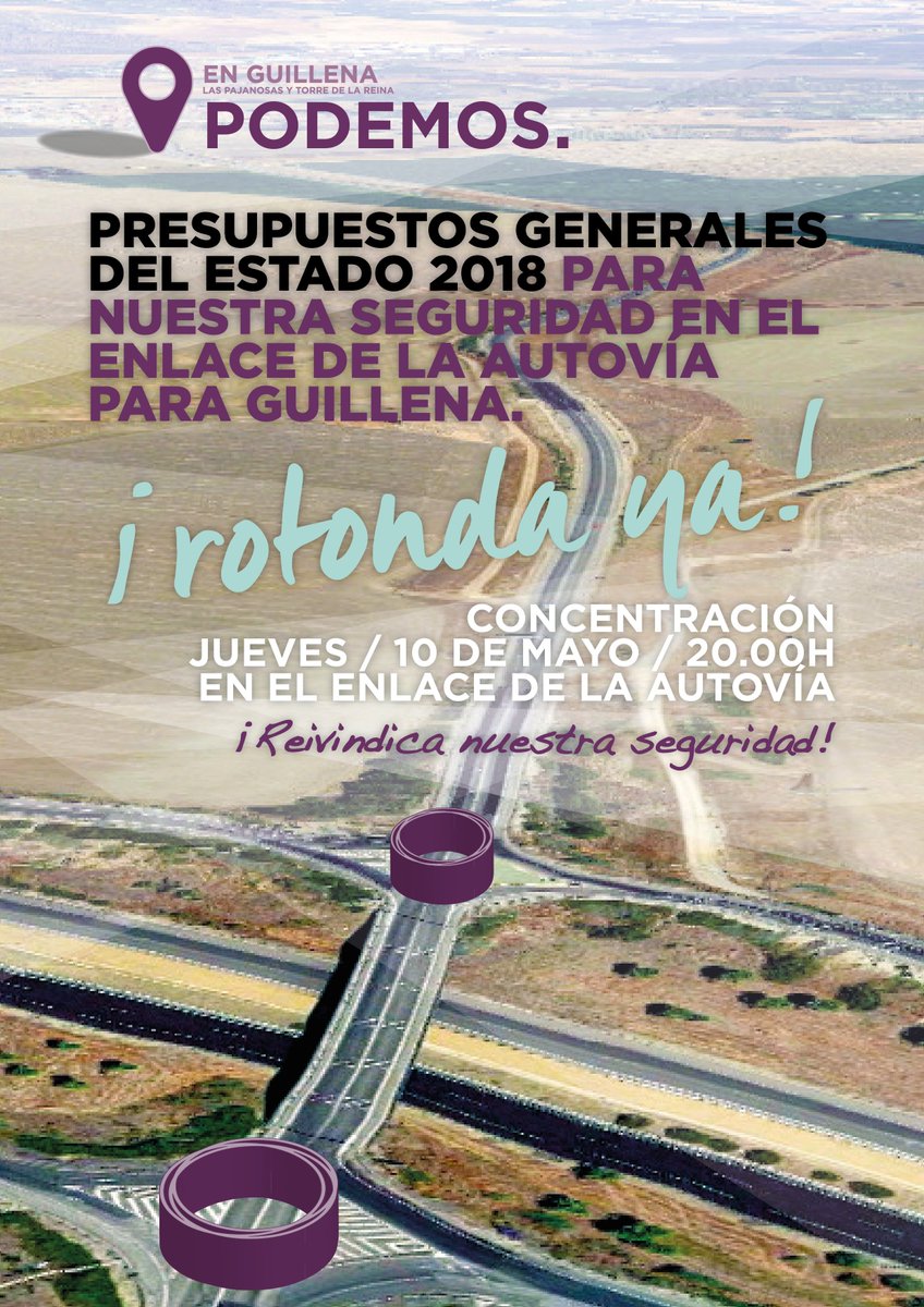 PodemosGuillena's tweet photo. #PGE2018 para mejorar la seguridad de Guillena. Concentración en el enlace de la Autovía. Jueves 10 mayo, 20.00h 12.000 vecinos no podemos seguir mirando por un espejito en el cruce de la autovía. #RotondaYa #NoEspejitos ¡Reivindica tu seguridad! @CSurNoticias  @canalsur https://t.co/Cyv4vepYVr