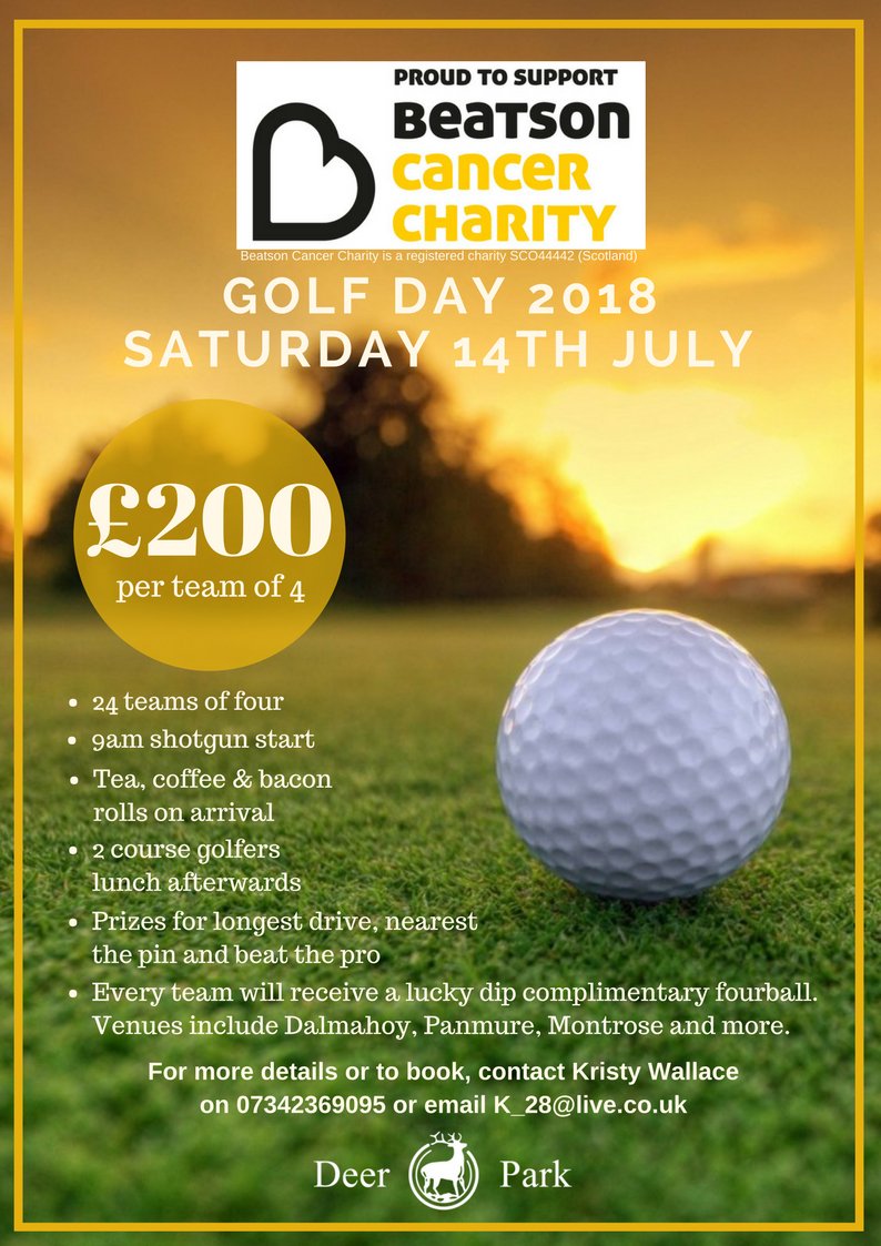 Beatson_Charity's tweet photo. One of our fantastic supporters, Kristy Wallace, is organising a golf day Deer Park on Saturday 14 July. If you're interested in taking a team, please contact her using the details on the poster below! 🏌️‍♂️🏌️‍♀️ https://t.co/9JFW3RPus8