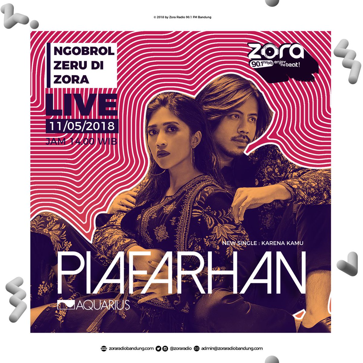 aquariusmusik's tweet photo. Jangan Lupa @PIAFARHAN hari ini (11 Mei 2018) jam 2 siang, bakalan live interview di @zoraradio bandung. Bakalan kupas habis tentang single baru nya "Karena Kamu".
Staytune yah.... Zeru nih! ^o^ 

#PiaFarhan #KarenaKamu 
@PiaFellini @tubagus_farhan https://t.co/eexEwq1tSk