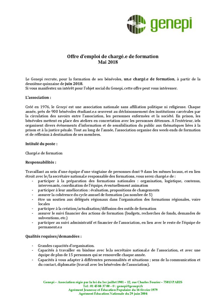 GenepiFrance's tweet photo. RECRUTEMENT, au @GenepiFrance ! Nous cherchons un.e chargé.e de formation pour juin 2018. Bonne chance. https://t.co/ohDvZ8nFtb