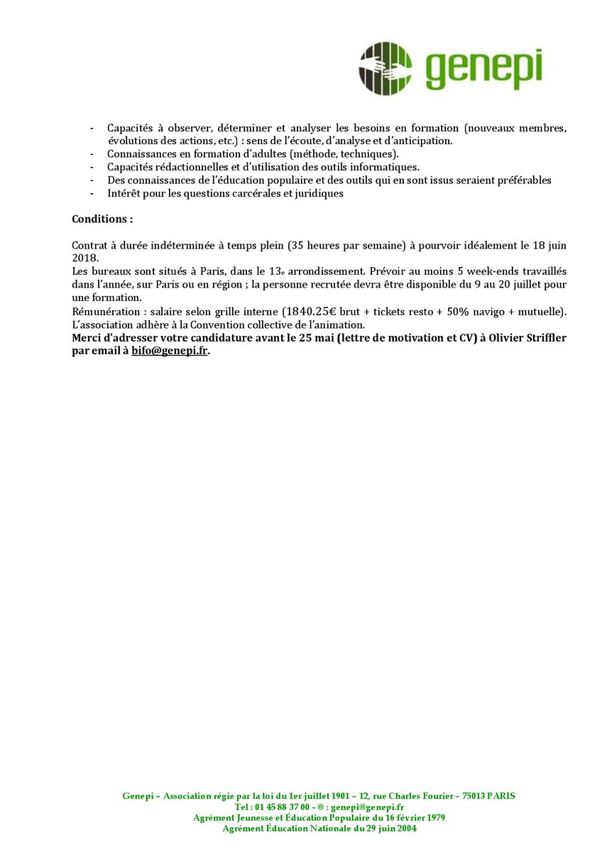 GenepiFrance's tweet photo. RECRUTEMENT, au @GenepiFrance ! Nous cherchons un.e chargé.e de formation pour juin 2018. Bonne chance. https://t.co/ohDvZ8nFtb