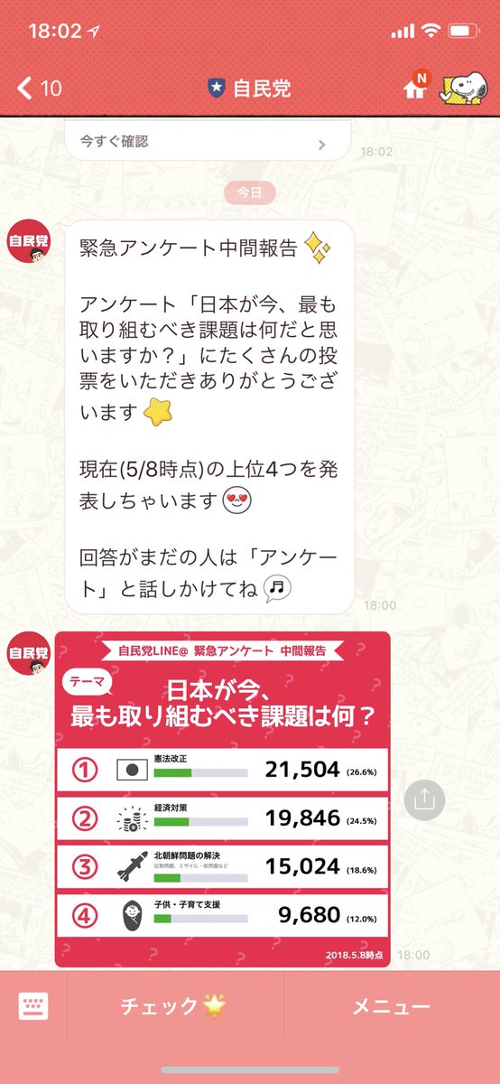 そしてはるふになる Lineで政治アンケート取るの面白いな わざわざ自民党登録する人 めっちゃバイアスかかりそうやけど