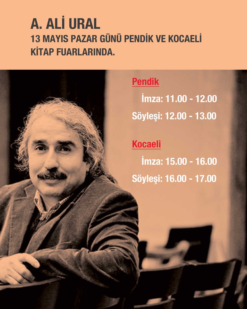 A. Ali Ural 13 Mayıs Pazar Günü Pendik ve Kocaeli Kitap Fuarlarında.
<a href="/aliural_ural/">A. Ali Ural 🇹🇷</a>