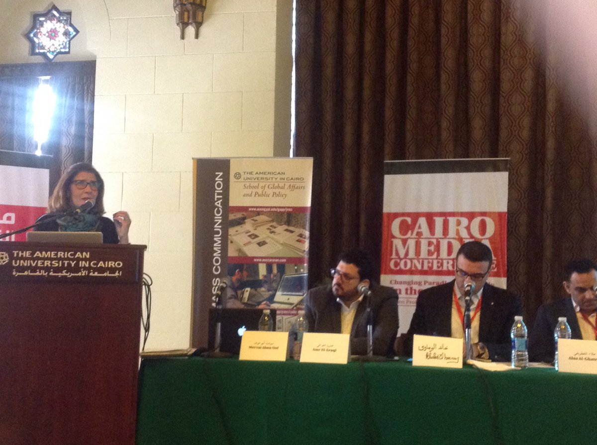 AUCJRMC's tweet photo. #Happening_now @AUC Tahrir, Dr. Mervat Abou Oaf @tito_ao speaking in the first panel of day 2 "Mastering the Media Landscape" at the #CairoMediaConference https://t.co/AWmCUcTV2W