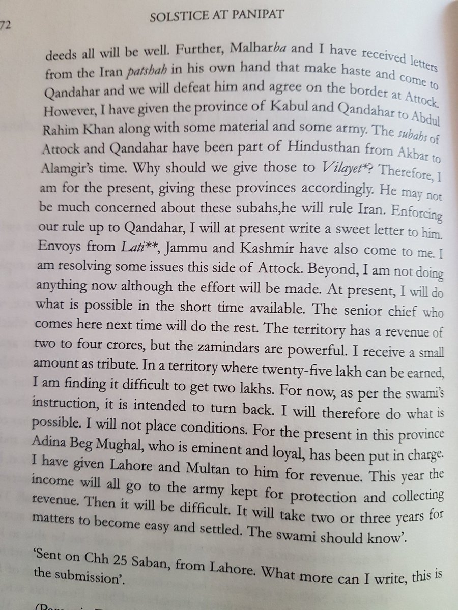 MulaMutha's tweet image. On 4 May 1758 Raghunath rao from Lahore sent Nanasaheb Peshwa a letter stating that Kandahar has been a part of India from Akbar to Alamgir&apos;s time. Why should we now give it to the Shah of Persia...page 2 of the letter from my book #SolsticeAtPanipat