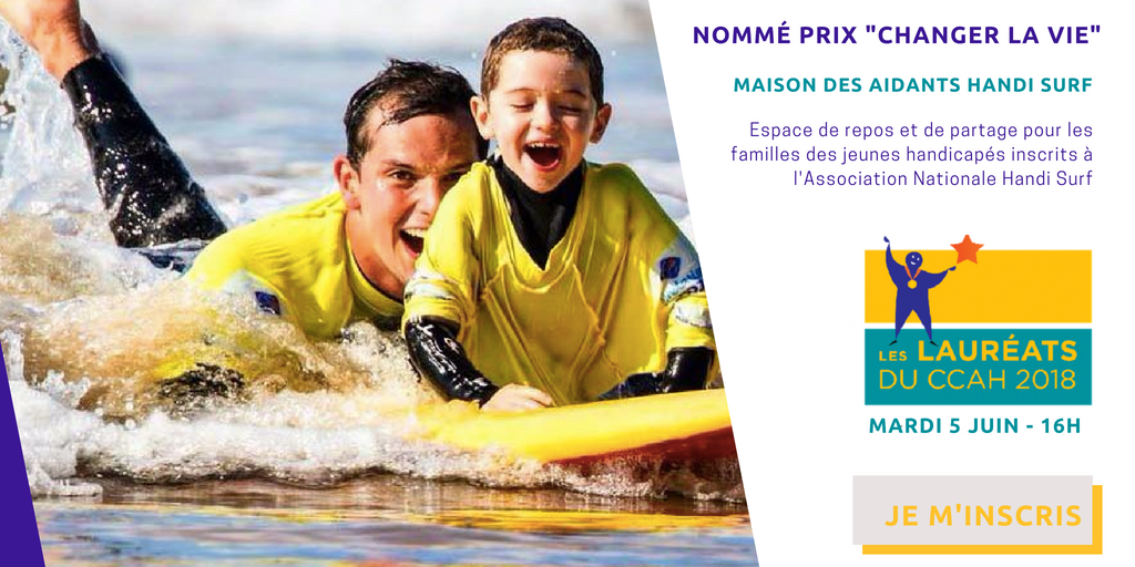 CCAHandicap's tweet photo. Nommé - "La maison des Aidants" est un espace de repos et de partage pour les familles des jeunes handicapés inscrits à l'association @AssoHandiSurf. Qui seront les #LauréatsDuCCAH ? RDV le 05/06 -> https://t.co/hcX1m0FNJo https://t.co/s1w8592Cml