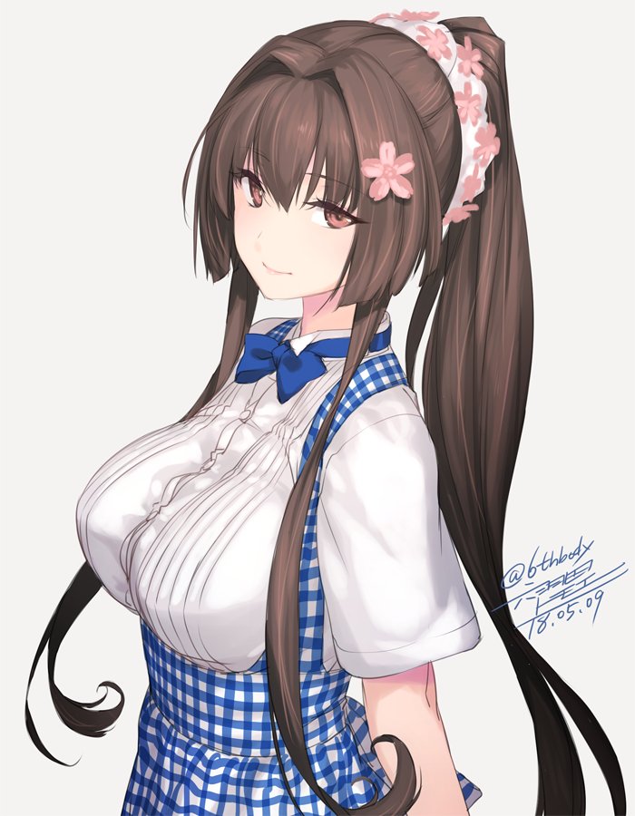 yamato (kancolle) 1girl solo long hair brown hair hair ornament blue apron hair flower  illustration images