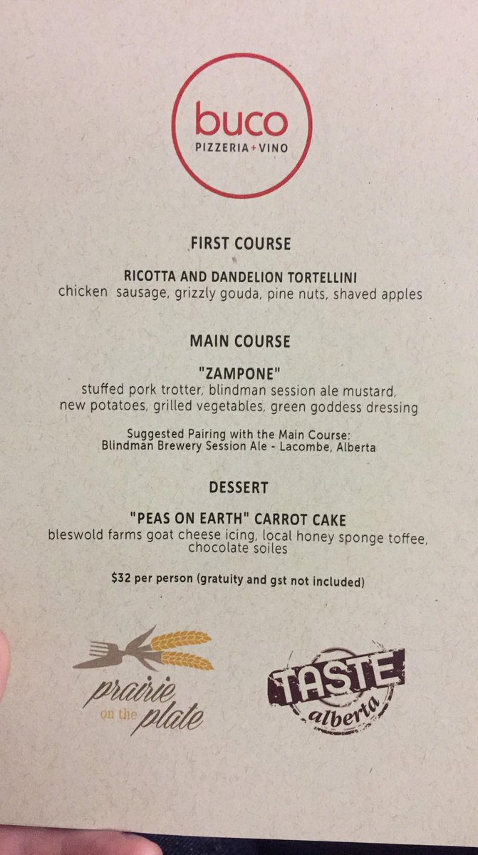 ThisPiggysTale's tweet photo. No dinner plans tonight? Chef @Unkemptcookery has a three-course @TasteAlberta #prairieontheplate menu for $32 at @bucopizzeria #EpcorTower #yeg tonight. Still time to make a reservation: https://t.co/WHyG3CFvtJ https://t.co/IcKws4CrDt