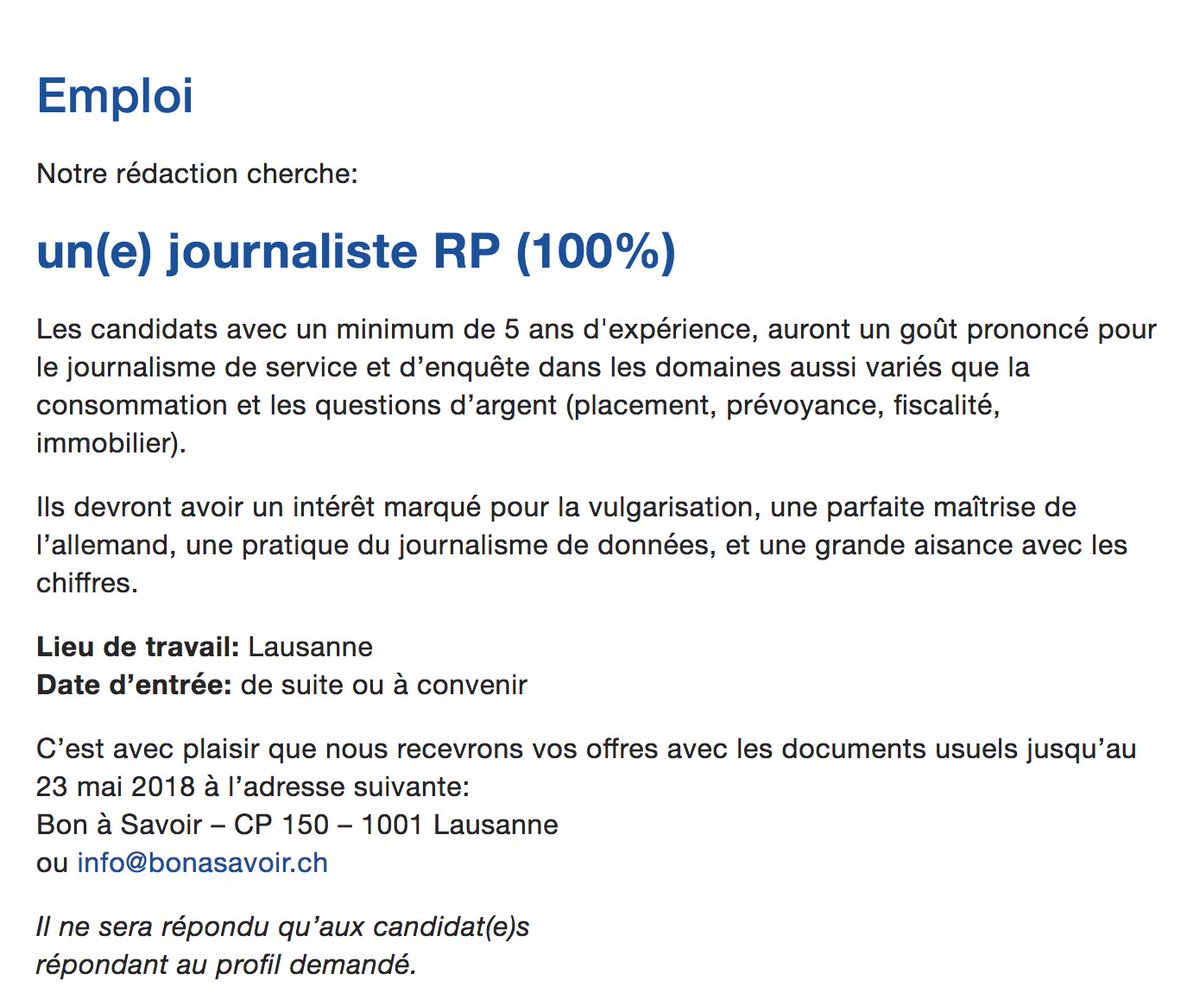 OlivierFrancey's tweet photo. Le magazine @bonasavoir cherche un journaliste RP. #OffreEmploi #Lausanne
https://t.co/tHstJJvZh9 https://t.co/gEl94lIf1q