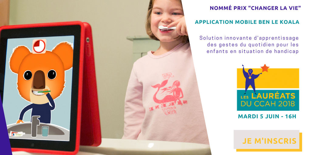 CCAHandicap's tweet photo. L'application mobile Ben le Koala aide les enfants en situation de handicap à apprendre les gestes essentiels du quotidien. Voilà comment @SignesdeSens veut #ChangerLaVie des enfants handicapés ! Inscrivez-vous à la soirée des #LauréatsDuCCAH -> https://t.co/hcX1m0FNJo https://t.co/rMd7e0zBvE