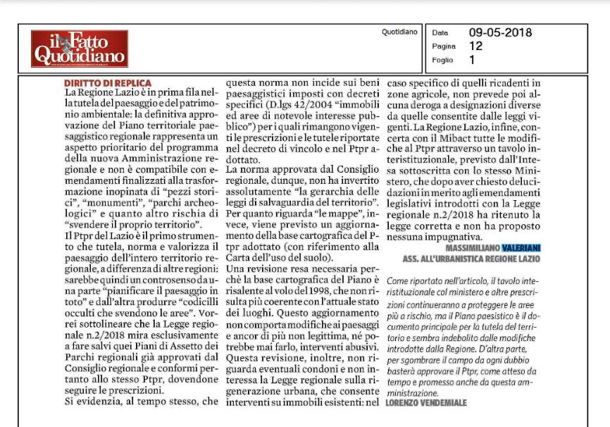 MAXVALERIANI's tweet photo. Sul Piano territoriale paesaggistico della @RegioneLazio. La mia replica al @fattoquotidiano #Ptpr #RegioneLazio https://t.co/tWoPm44S6v