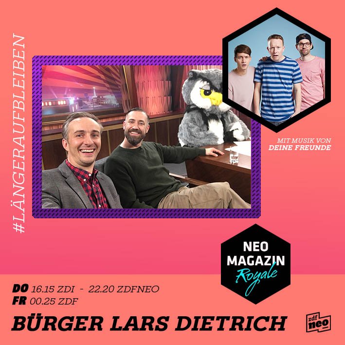 "Wie gut", sagte <a href="/janboehm/">🚫⛔️jAaj Bä¶Ã¶l&&rma!nN 💩</a>, "dass wir bei unserer ersten Kindersendung #Längeraufbleiben morgen um 22.20 in <a href="/ZDFneo/">ZDFneo</a> Unterstützung von <a href="/BuergerLarsD/">Bürger Lars Dietrich</a>, <a href="/deinefreundeHH/">Deine Freunde</a> und Euli haben!"