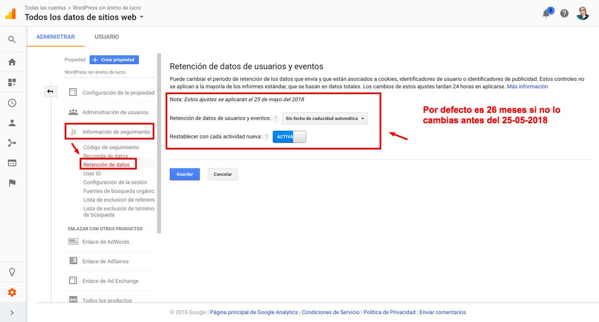 fernandot's tweet photo. 💥 ¡URGENTE! Si no cambias el periodo de retención, el 25 de mayo, fecha de San #RGPD, Google Analytics solo guardará 26 meses de datos.

➠ Configuración de la propiedad
➠ Código de seguimiento
➠ Retención de datos

#SEO #Analytics #GDPR https://t.co/M3s6Y9fBj8