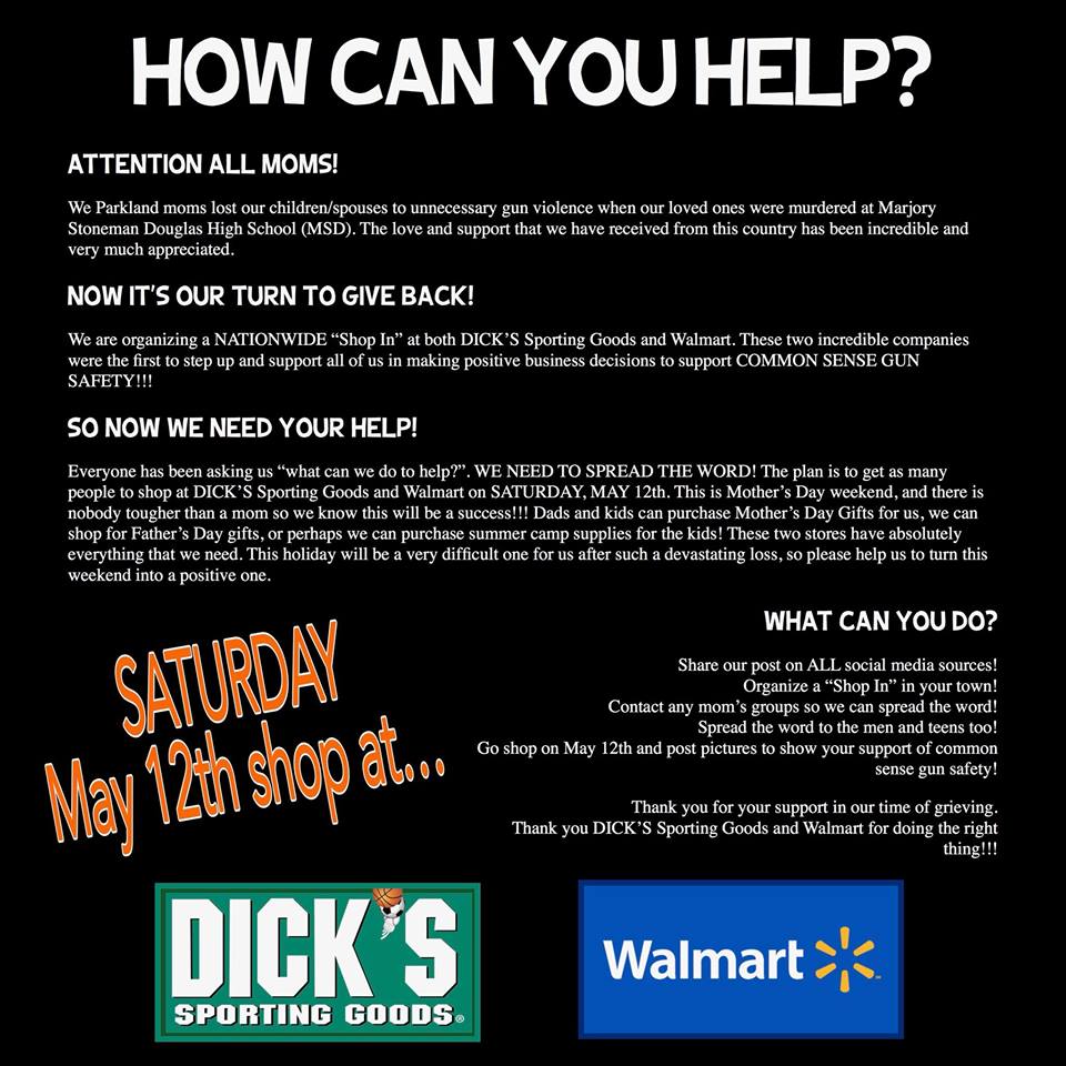 <a href="/CNN/">CNN</a>   , <a href="/MSNBC/">MSNBC</a> , <a href="/TheEllenShow/">The Ellen Show</a>  Parkland moms are organizing a Shop In” for THIS Saturday, May 12th. Let's make this a national event. Keep the posts going!! Don’t forget to use the hashtag on Saturday when you post pictures of you and your friends shopping🧡🧡🧡
#ShopInForMoms