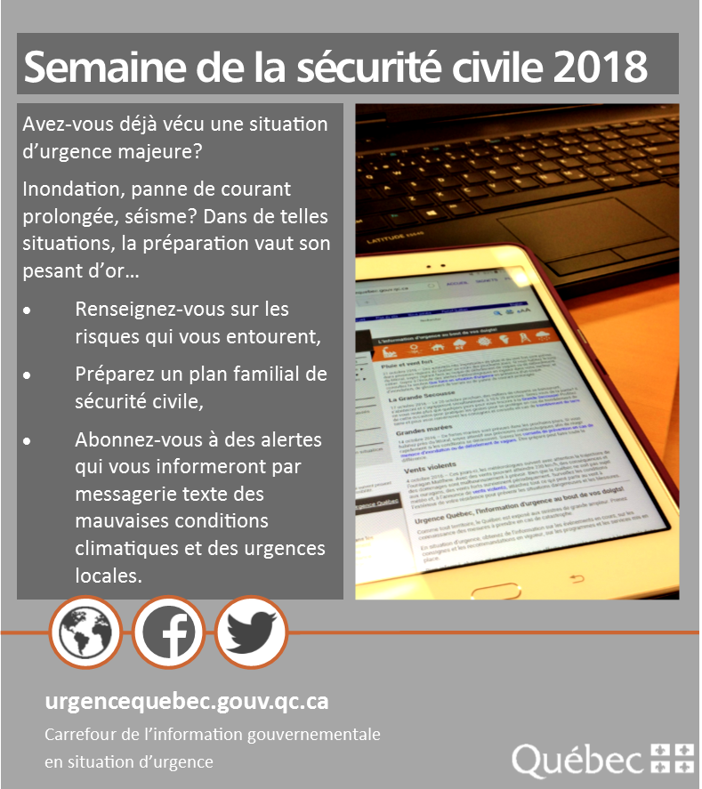 urgencequebec's tweet photo. SEMAINE DE LA SÉCURITÉ CIVILE | Avez-vous déjà vécu une situation d’urgence majeure? #Inondation, #panne de courant prolongée, #séisme? Dans de telles situations, la préparation vaut son pesant d’or…

#SemaineSC #sécuritécivile #MSGU https://t.co/Ep7HhdkkbF