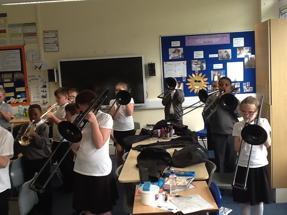 Windmill5P's tweet photo. More fun with the brass instruments today. Thank you so much to the #InHarmony staff- we love your lessons! #MusicFederation https://t.co/tF13DAw9uB